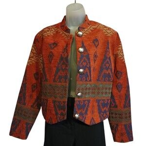 Studio West Aztec Tapestry Jacket L Button Front Collared Maroon Blue Lined Vntg